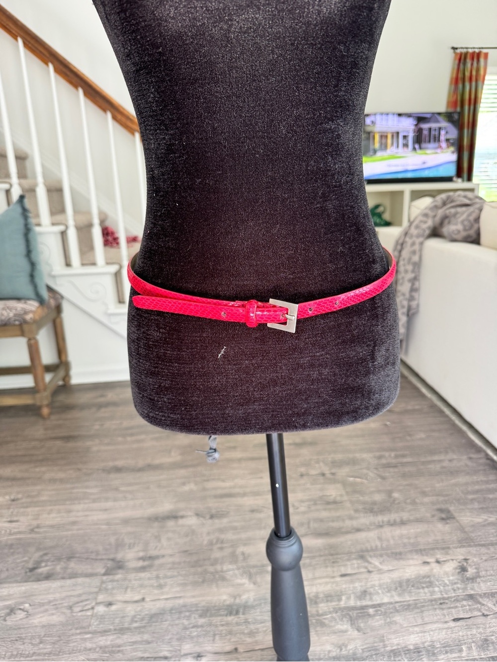 Slim Red Faux-Snakeskin Leather Waist Belt with Silver Buckle